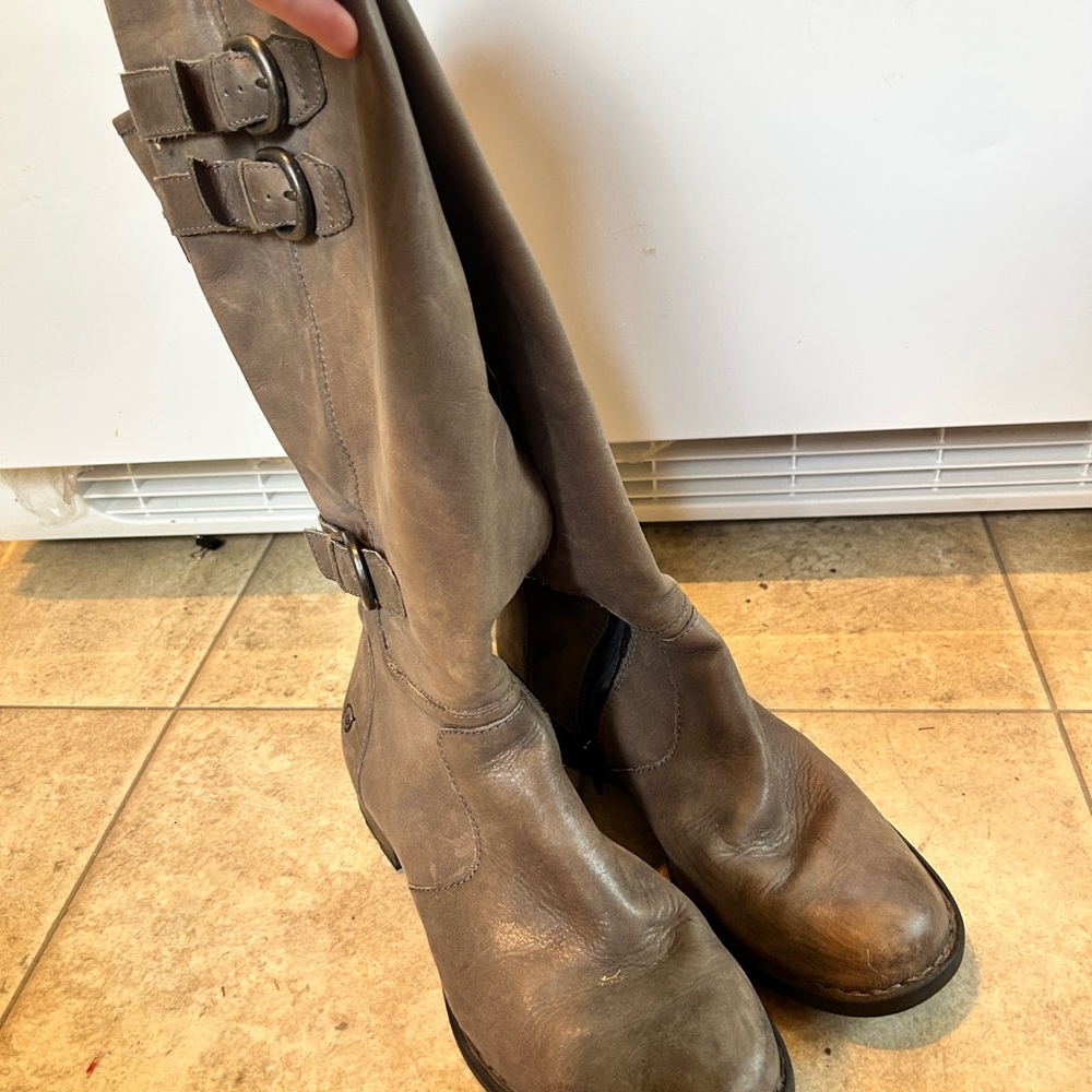 Brown Knee-High Leather Boots with Buckles